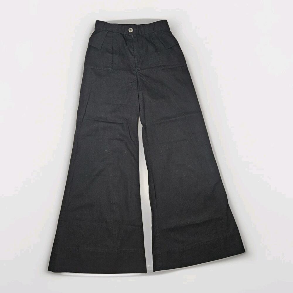 Vintage Handmade Linen Blend Wide Flare Pants Black Size 6 28" Retro Business